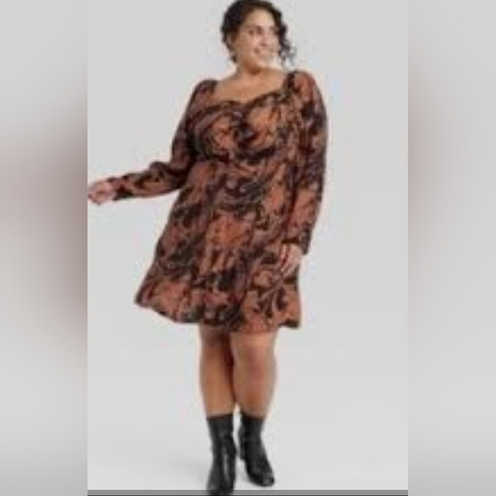 A New Day Long Sleeve Dropped Waist Smocked Mini A-Line Pocket Dress Size XXL